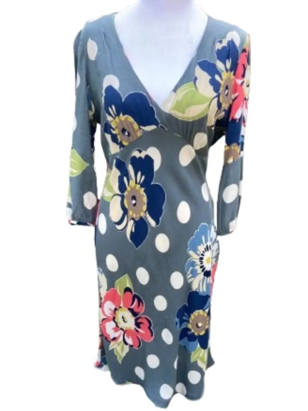 Boden Blue-Gray Dress Mixed Print Floral Empire Waist Midi 3/4 Sleeve V-Neck, 6 - Picture 2 of 13